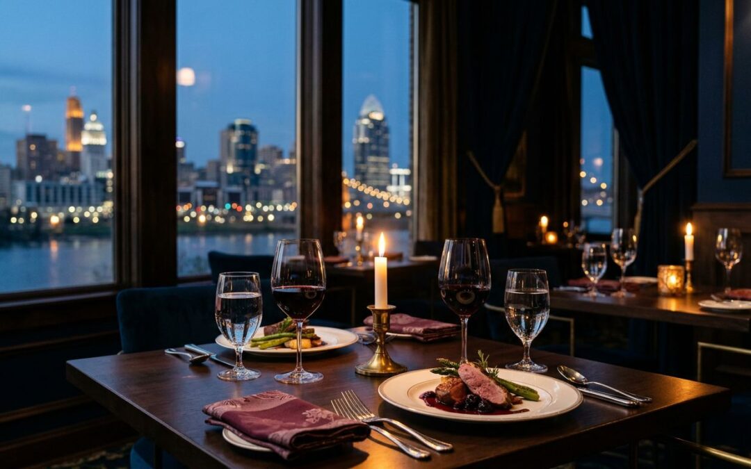 An elegantly set candlelit restaurant table overlooking the Cincinnati skyline at dusk.
