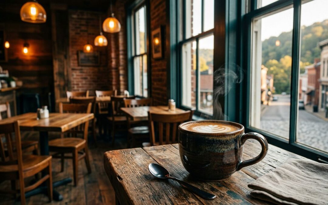 A hot mug of coffee on a rustic cafe table with a sunlit street outside.