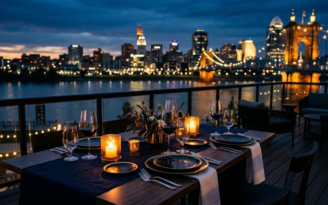 An intimate rooftop table with candles and wine overlooking the Cincinnati skyline at dusk.