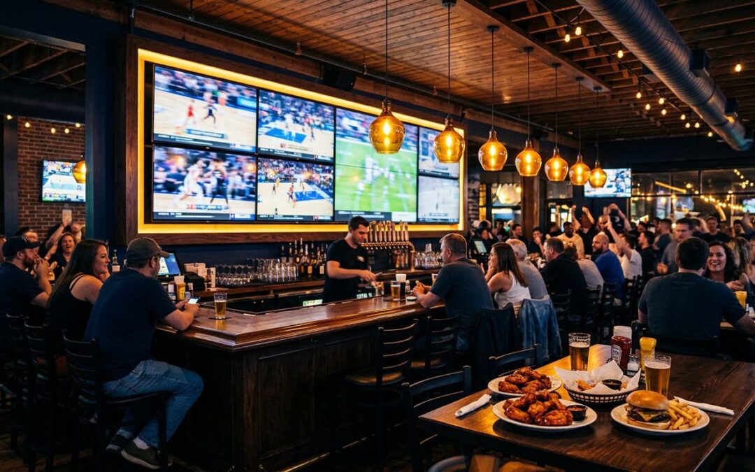 A lively sports bar with TVs, a wooden bar, burgers, wings, and warm pendant lights.
