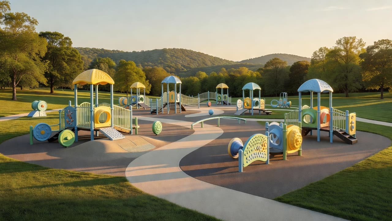 Bright, soft-toned play structures stand along wide, accessible paths in a sunlit park. Lush rolling green hills frame the background, highlighting the open, inviting atmosphere of this community outdoor space.