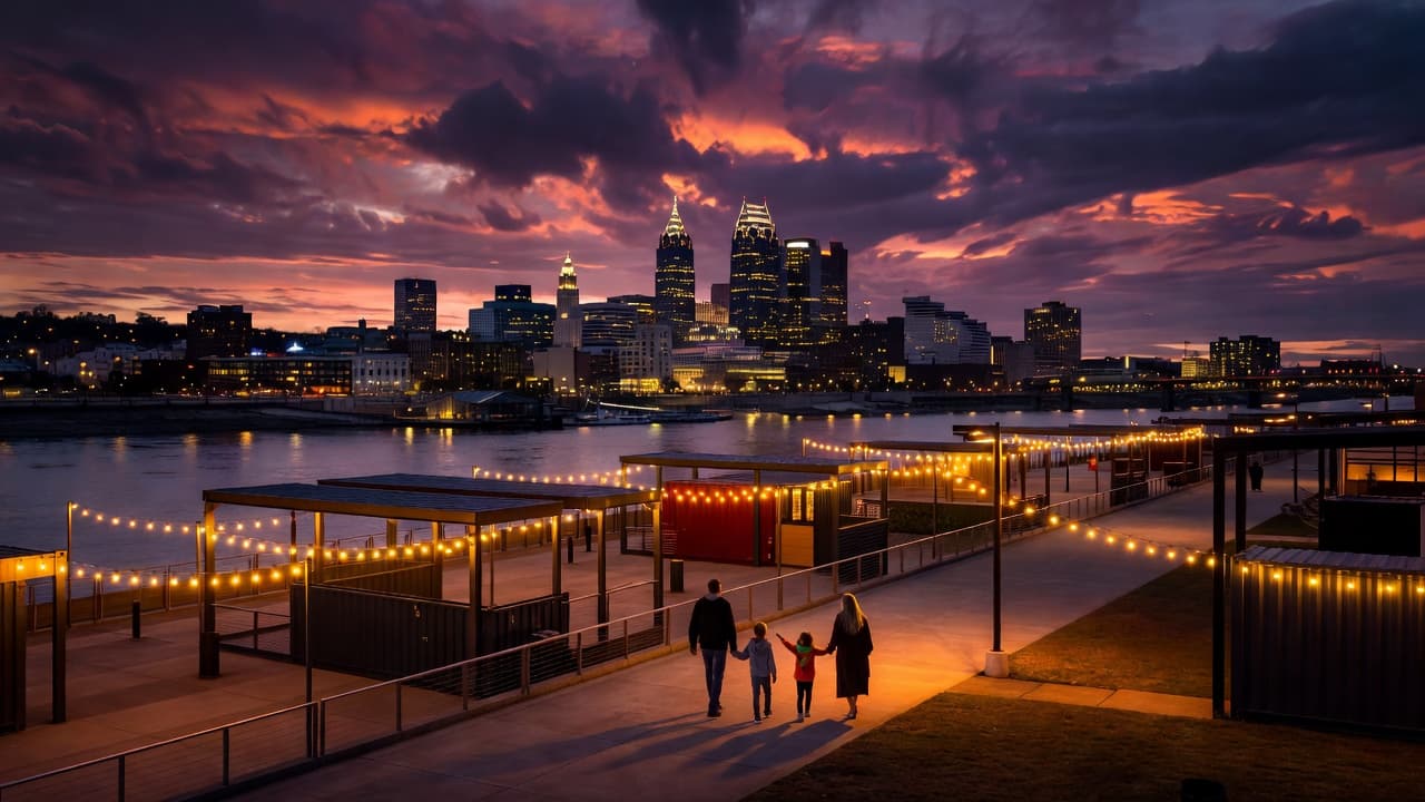 A family walks along a lit riverfront path with the Cincinnati skyline glowing across the water at dusk.