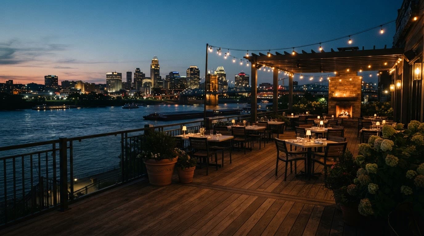 An empty restaurant terrace overlooking a dark river at dusk under glowing string lights.