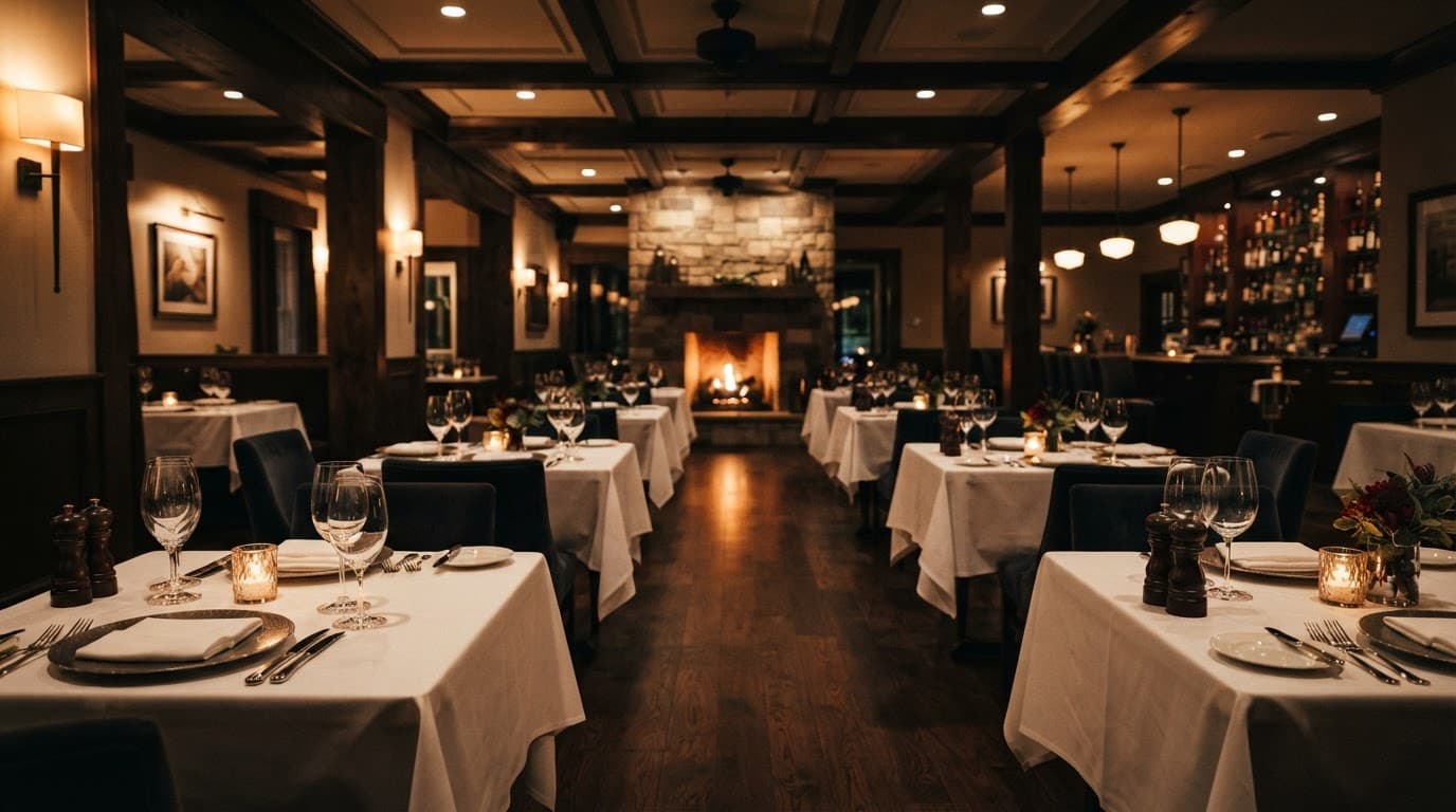An empty upscale restaurant dining room with elegant table settings under warm lighting.