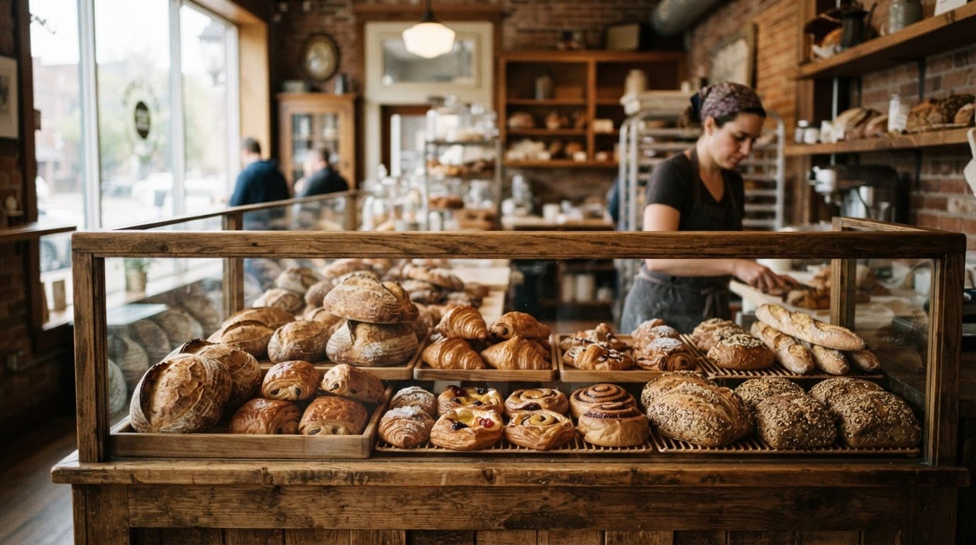 Fresh bread and pastries fill a bakery case beside a sunlit window.