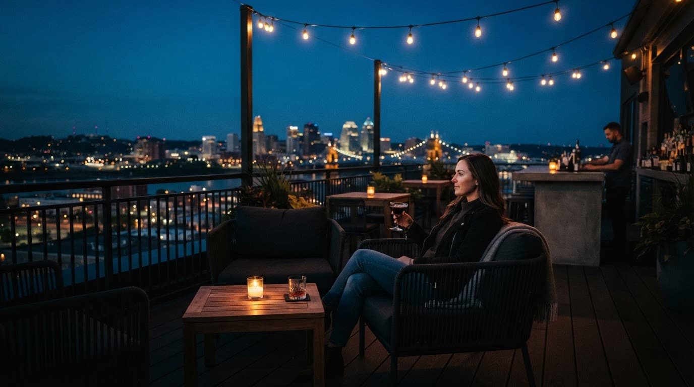 One person relaxes on a lounge terrace beneath glowing string lights at dusk.