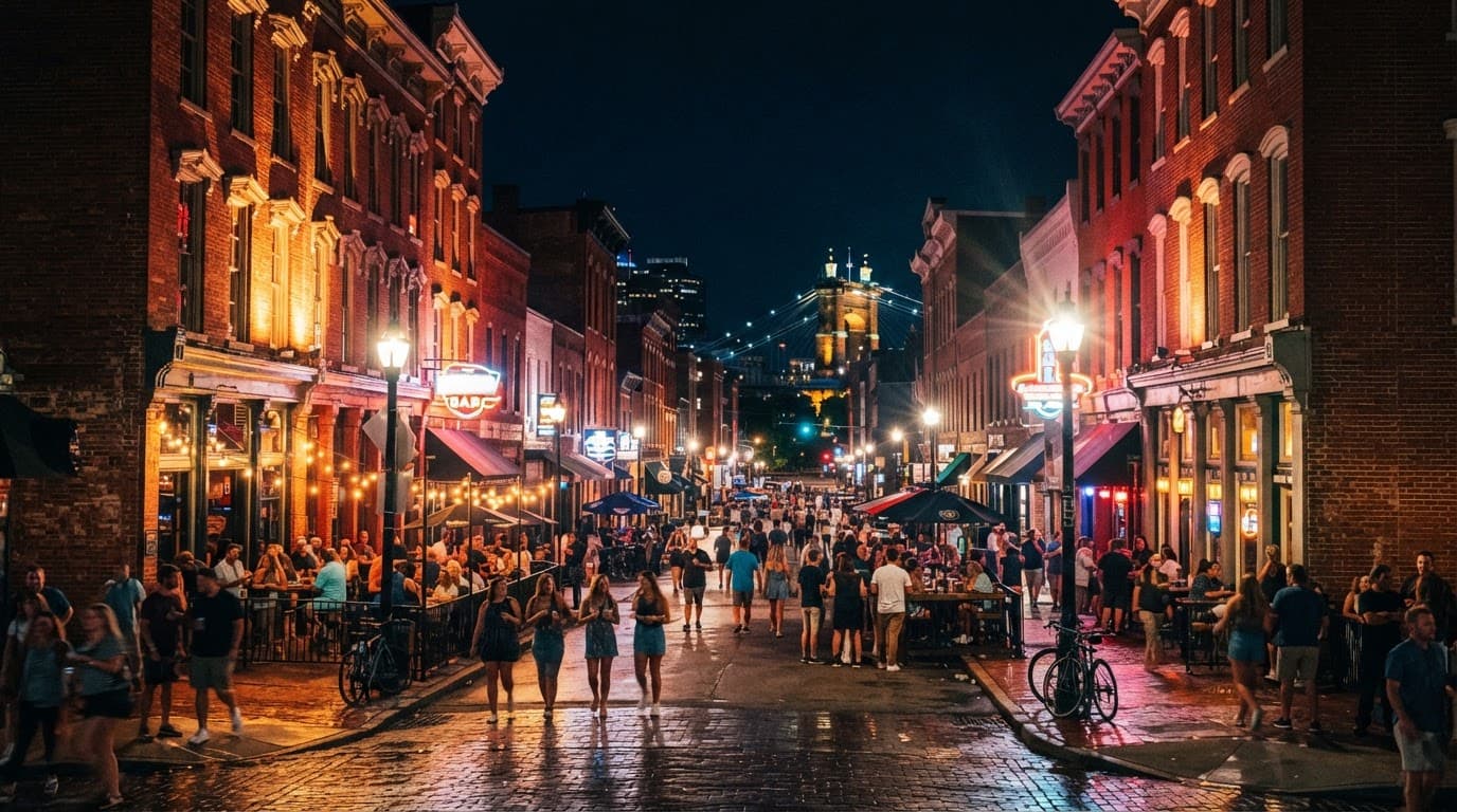 Historic brick buildings and glowing streetlights brighten Covington's lively nighttime district.