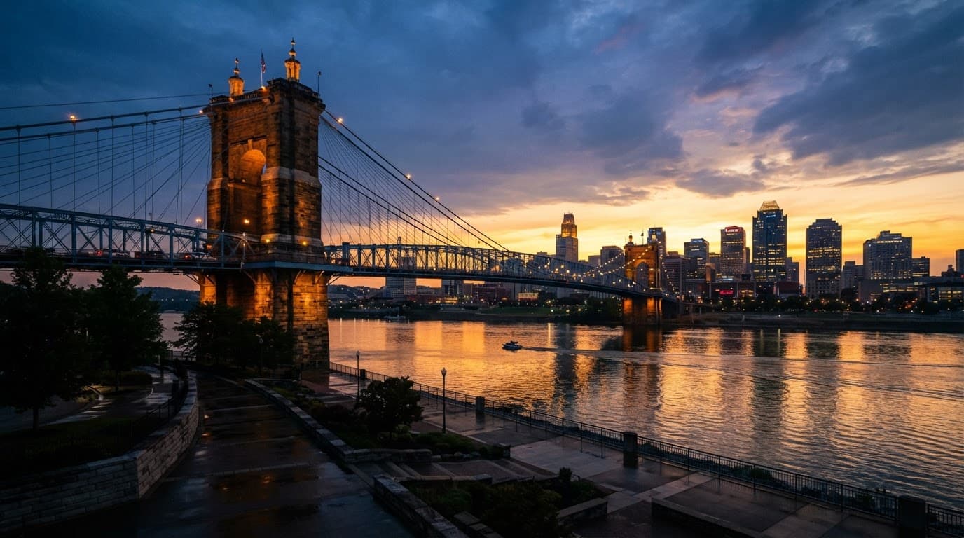 The Roebling Bridge crosses the Ohio River toward Cincinnati at sunrise.