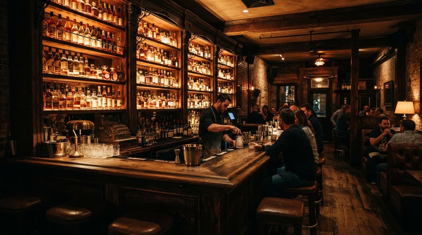 A cozy bourbon bar with whiskey bottles on wooden shelves and warm amber lighting.