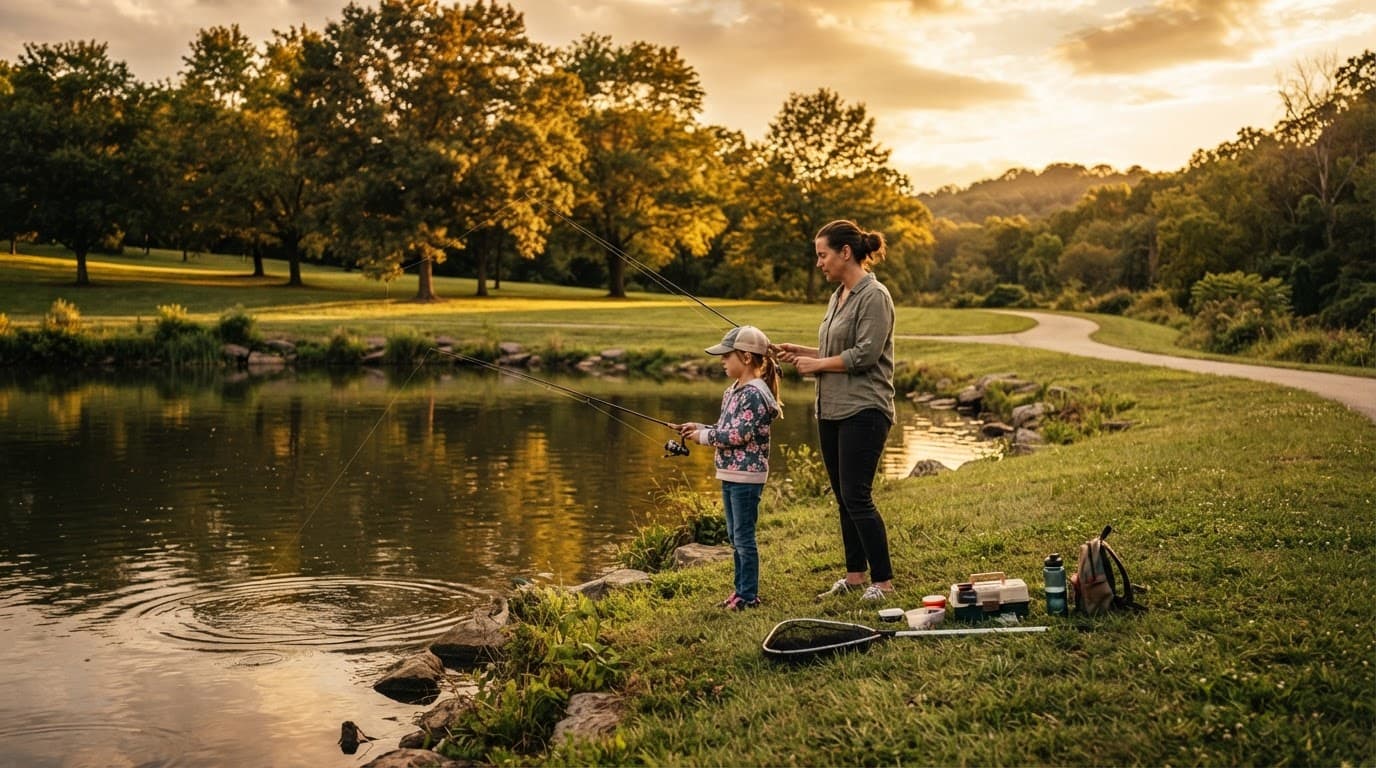 An adult and child fish beside a calm pond in a green park.