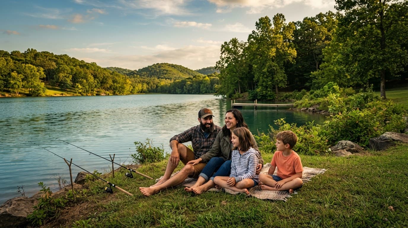 A family of four relaxing beside a calm lake with fishing rods and a wooden dock.