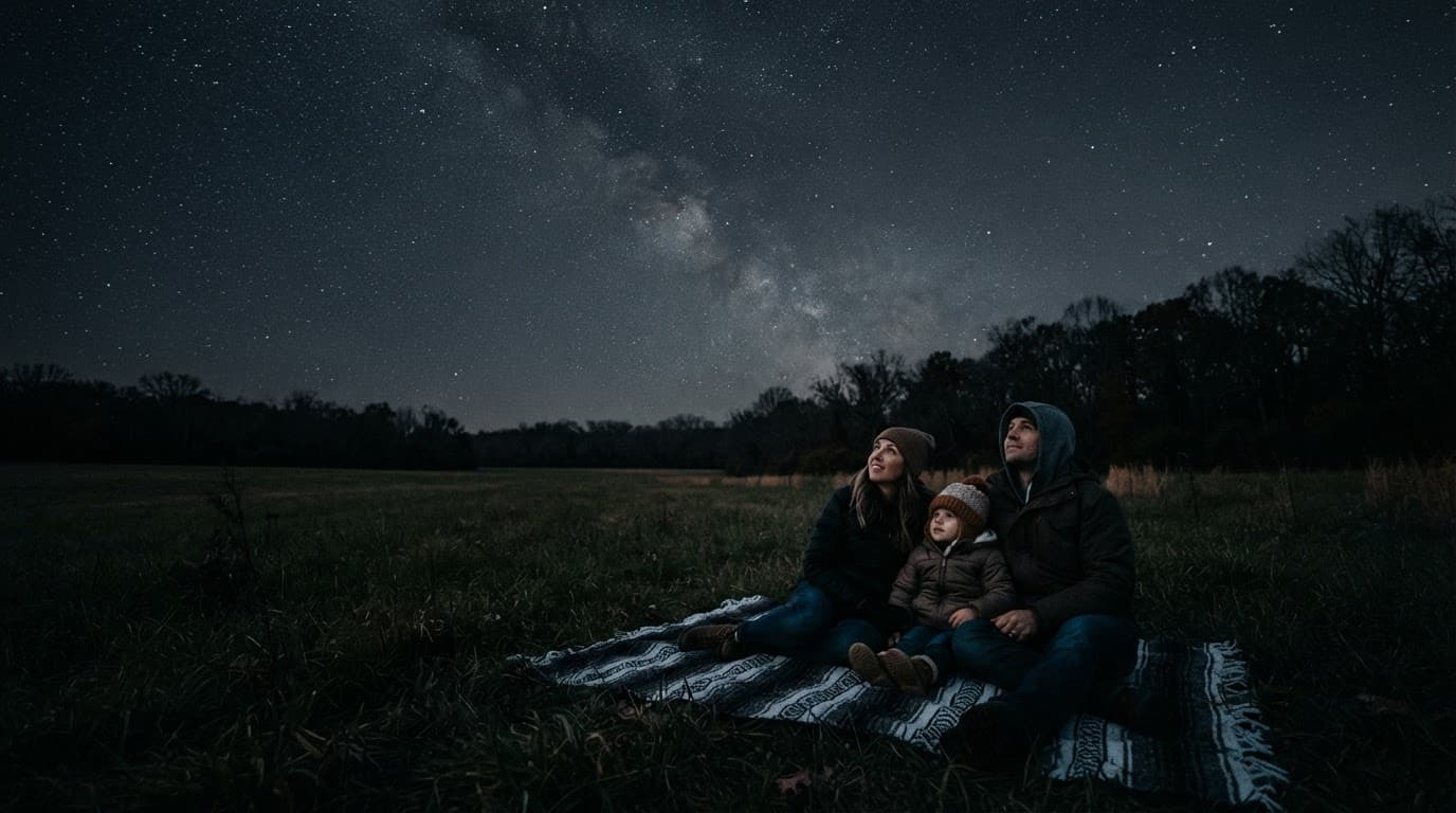 Two adults and a child sit on a blanket beneath a star-filled sky.