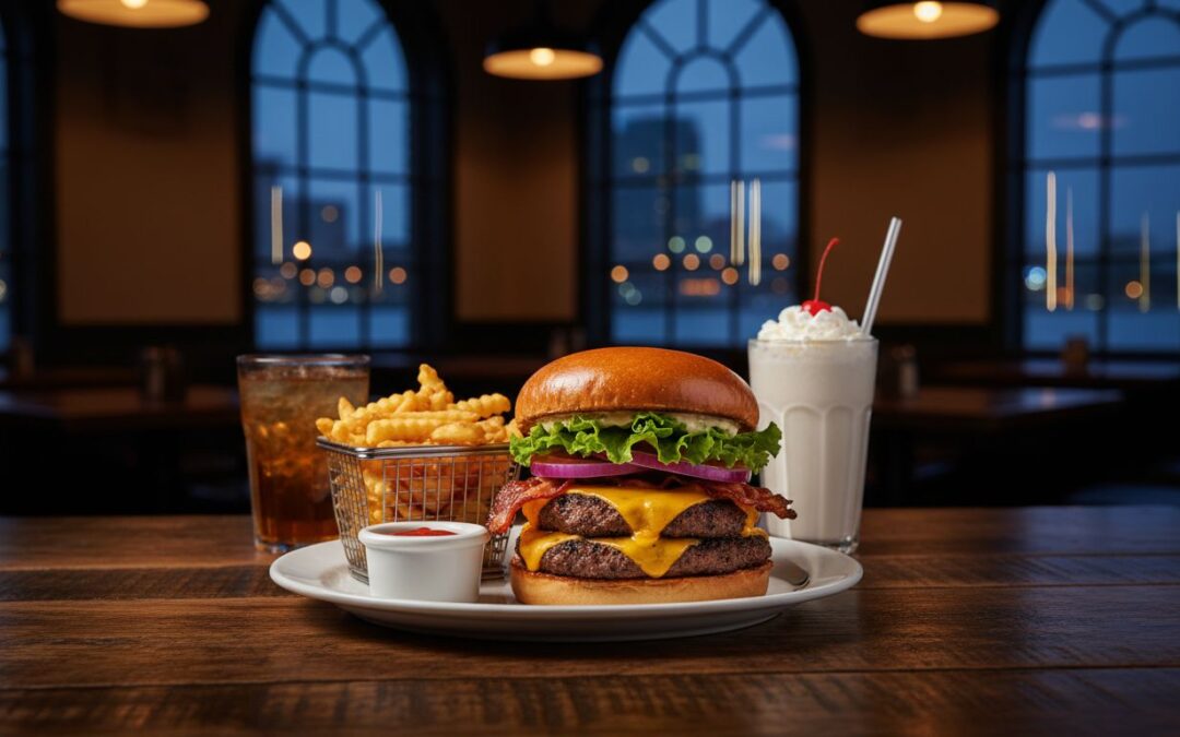 A cheeseburger, fries, and milkshake on a wooden table with evening lights behind them.