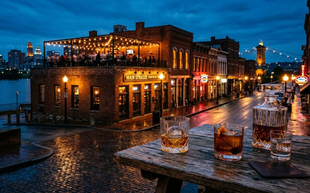 A glowing bourbon bar and rooftop patio line a rainy brick street in Covington at twilight.