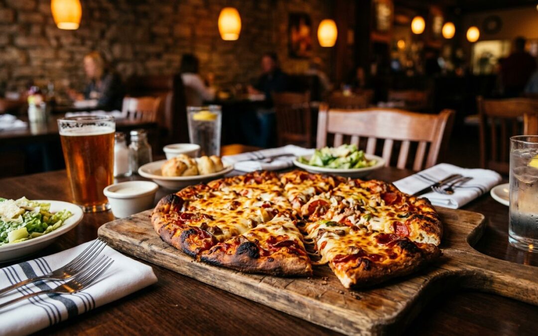 Fresh pizza with melted cheese, side dishes, napkins, and colorful drinks on a restaurant table.