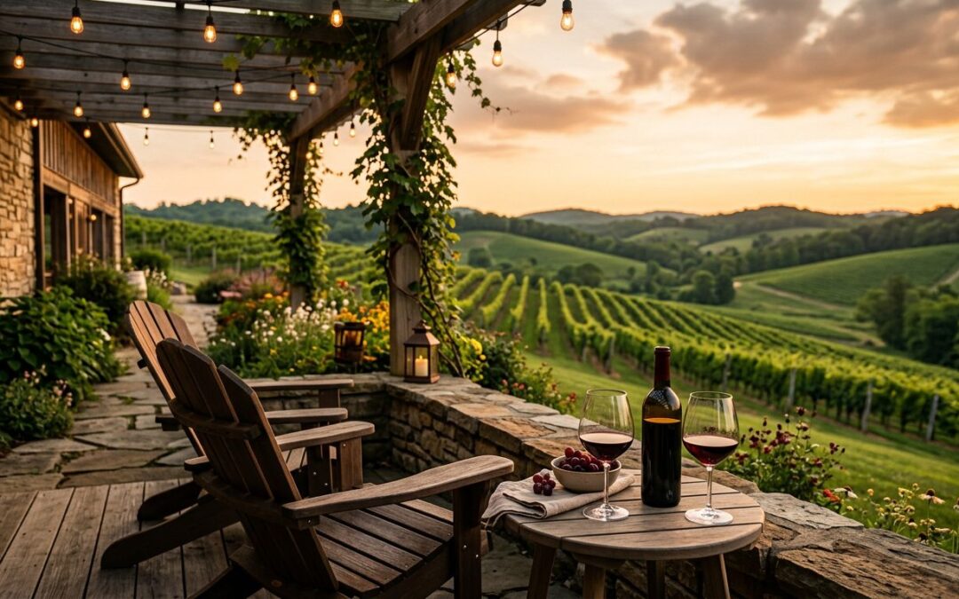 A winery patio overlooks vineyard rows and rolling hills at sunset.