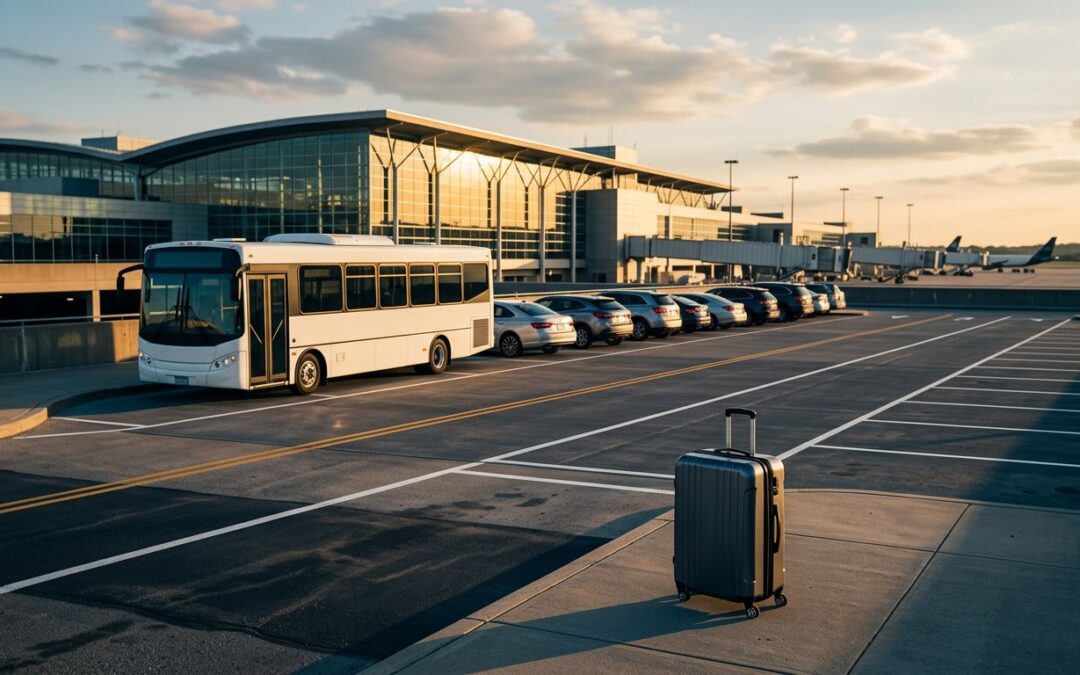 An airport shuttle and parked cars sit outside a terminal near a checked suitcase.