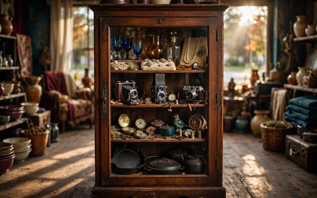 A sunlit antique shop cabinet filled with glassware, jewelry, cookware, and vintage cameras.