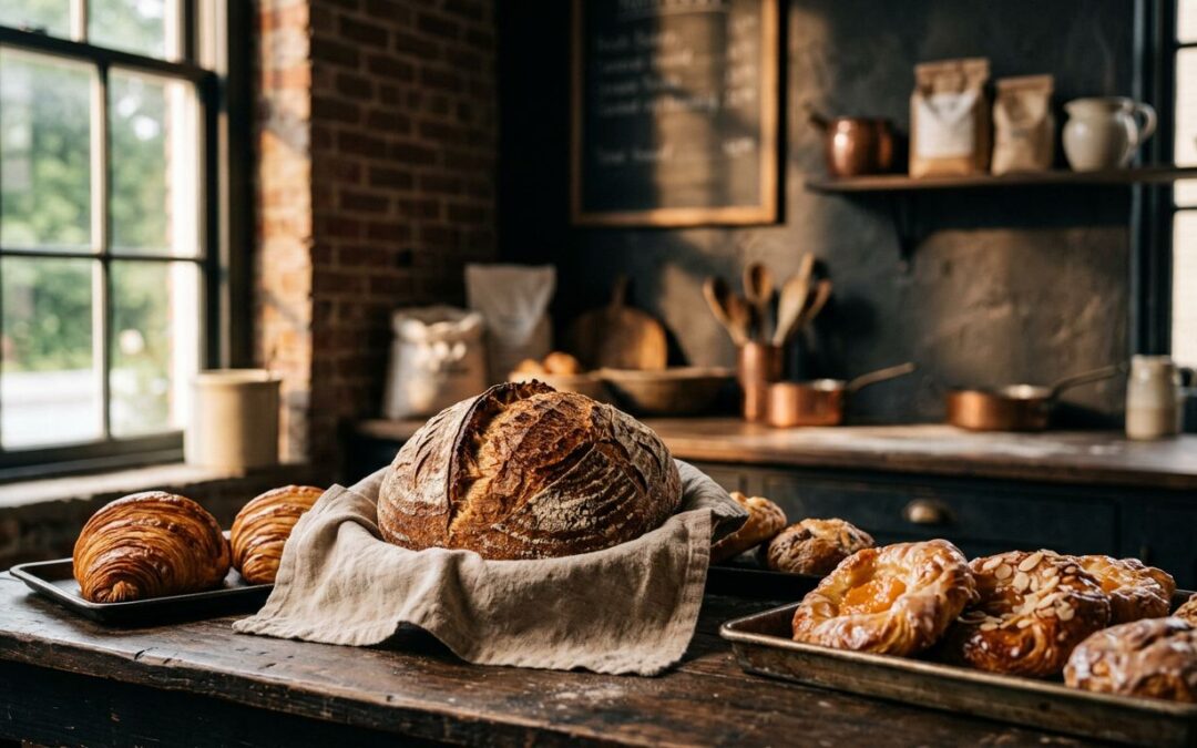 A sourdough loaf surrounded by croissants and pastries on a sunlit bakery counter.