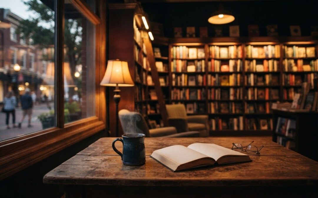 Cozy bookstore with colorful shelves, an open book, coffee, and a neighborhood street view.