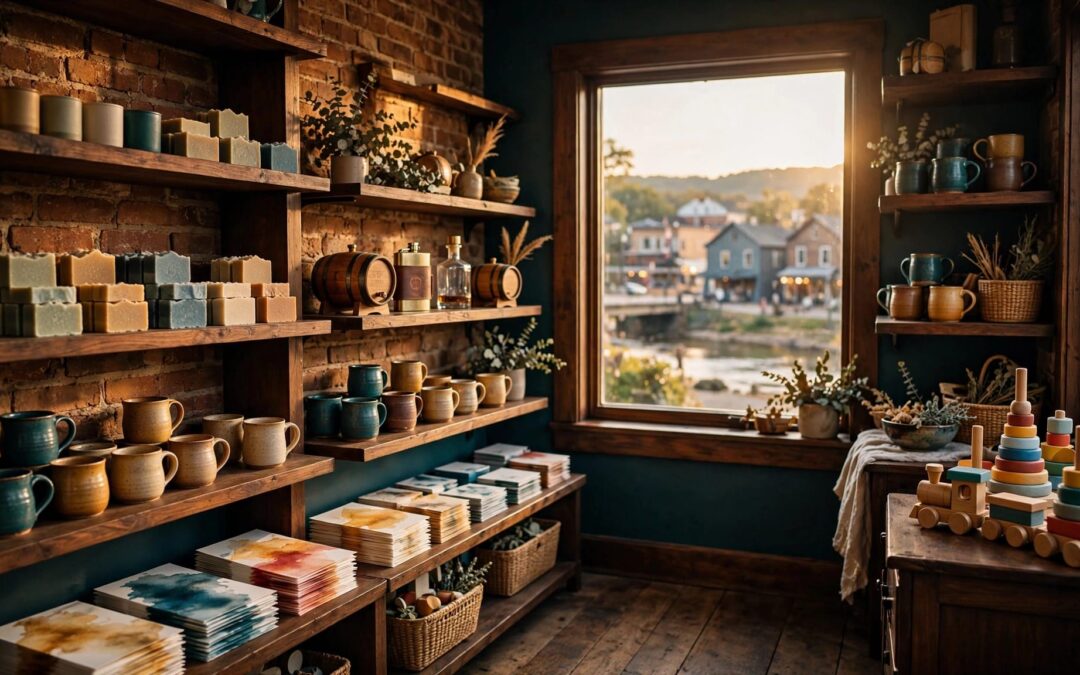 A cozy Kentucky shop displays handmade gifts on dark wood shelves beside a sunny window.