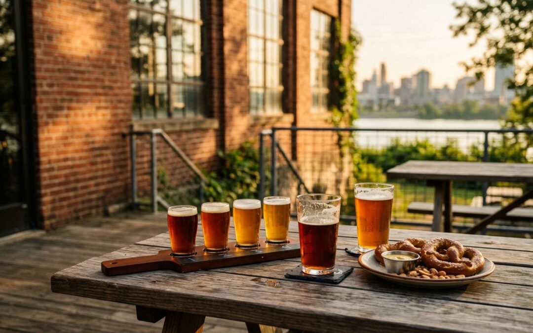 Two amber beers and tasting glasses sit on a wooden table outside a brick brewery.