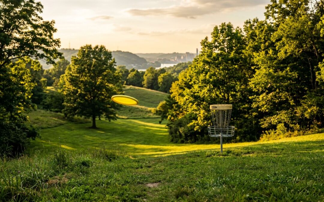 Yellow disc flying toward a basket on a sunny, tree-lined fairway.