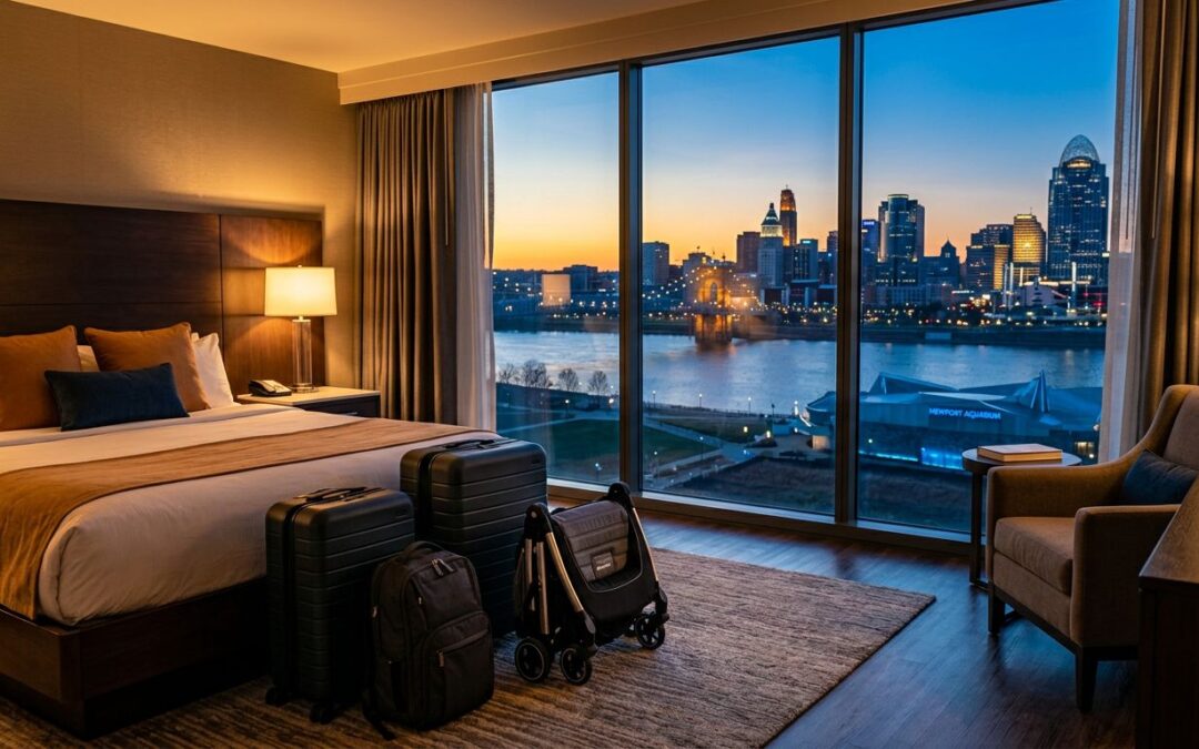 Family luggage and a folded stroller sit in a hotel room overlooking Newport and Cincinnati.