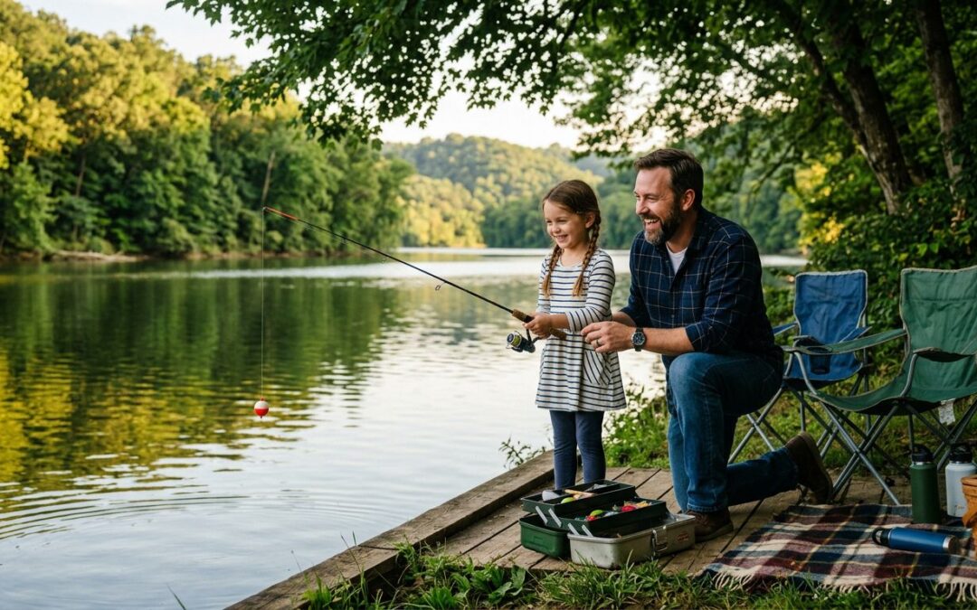 A father and daughter fish together beside a calm, tree-lined lake.