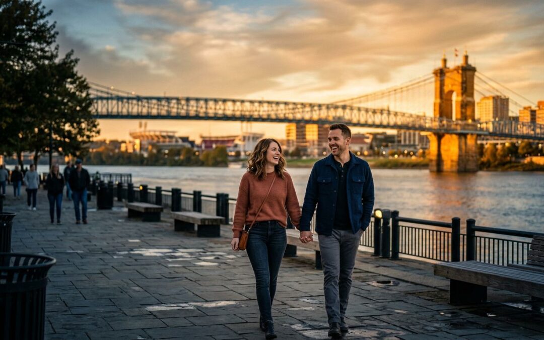A couple walks beside the Ohio River with the Roebling Suspension Bridge behind them.