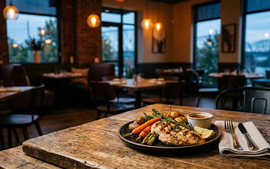 Gluten-free grilled chicken and vegetables on a table in a warmly lit restaurant.