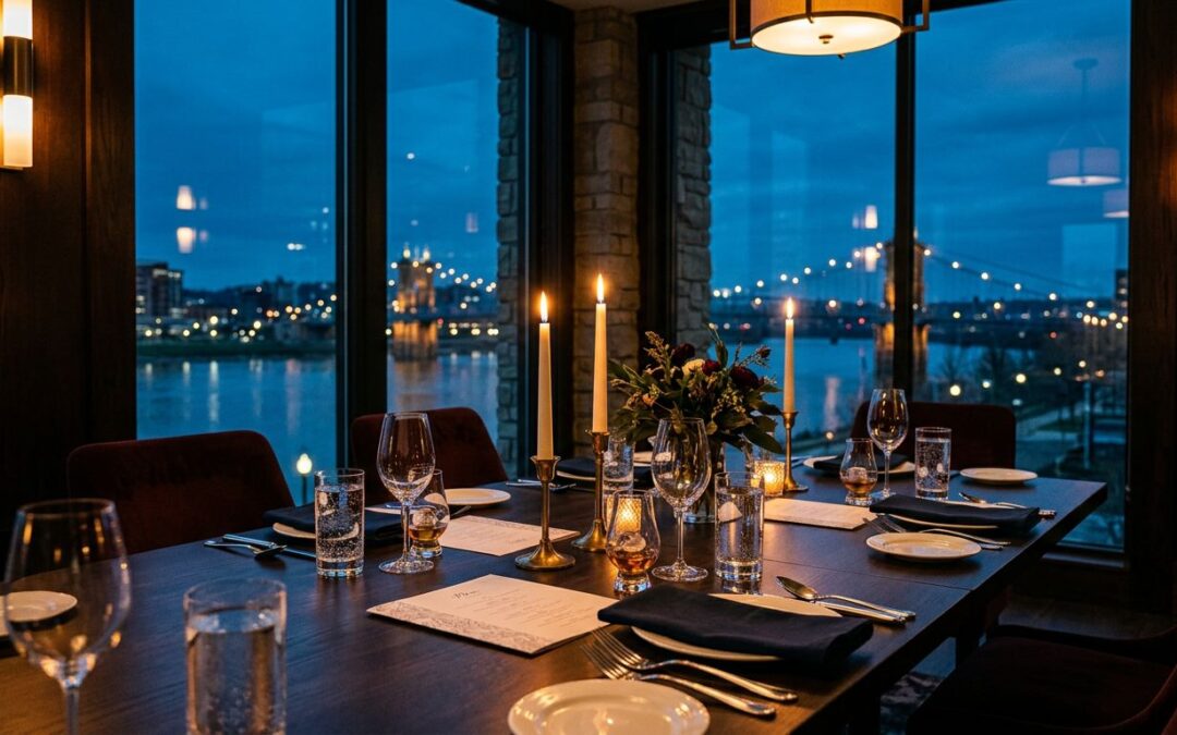 A candlelit dining table overlooks the Ohio River and Covington skyline.