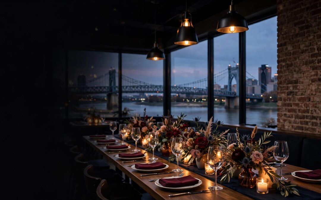 Candlelit rehearsal dinner table in a Covington restaurant at dusk.