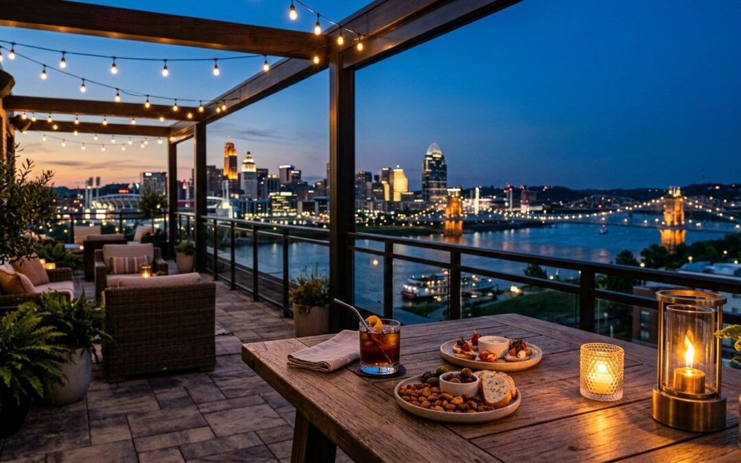 A candlelit rooftop table overlooks the Cincinnati skyline and Ohio River at twilight.