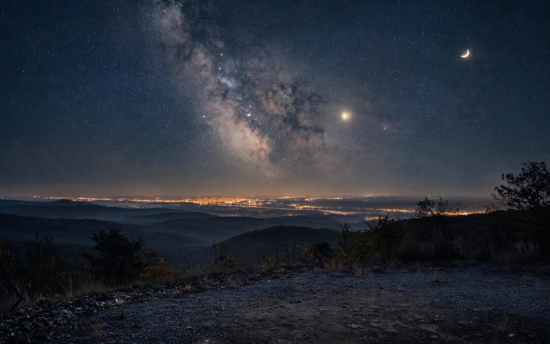 The Milky Way shines above rolling hills, trees, and distant city lights.