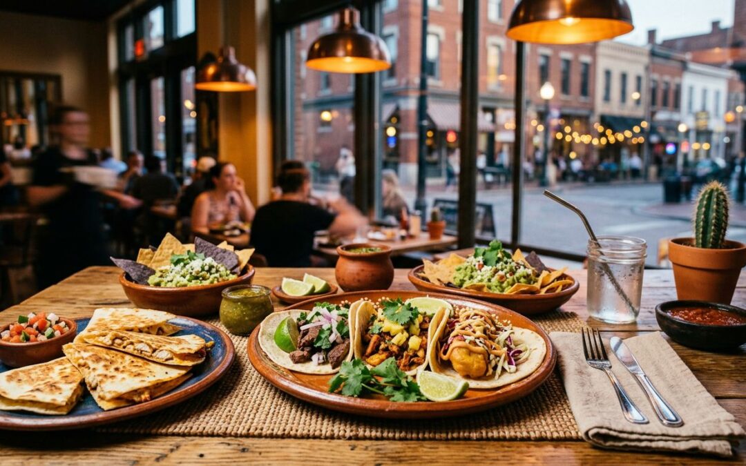 Soft tacos, quesadillas, salsa, guacamole, and lime arranged on a warmly lit restaurant table.