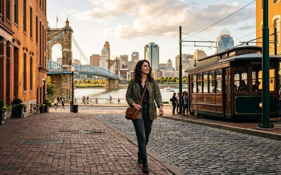 Traveler walking beside Covington’s riverfront with a transit stop and Cincinnati skyline in the distance.