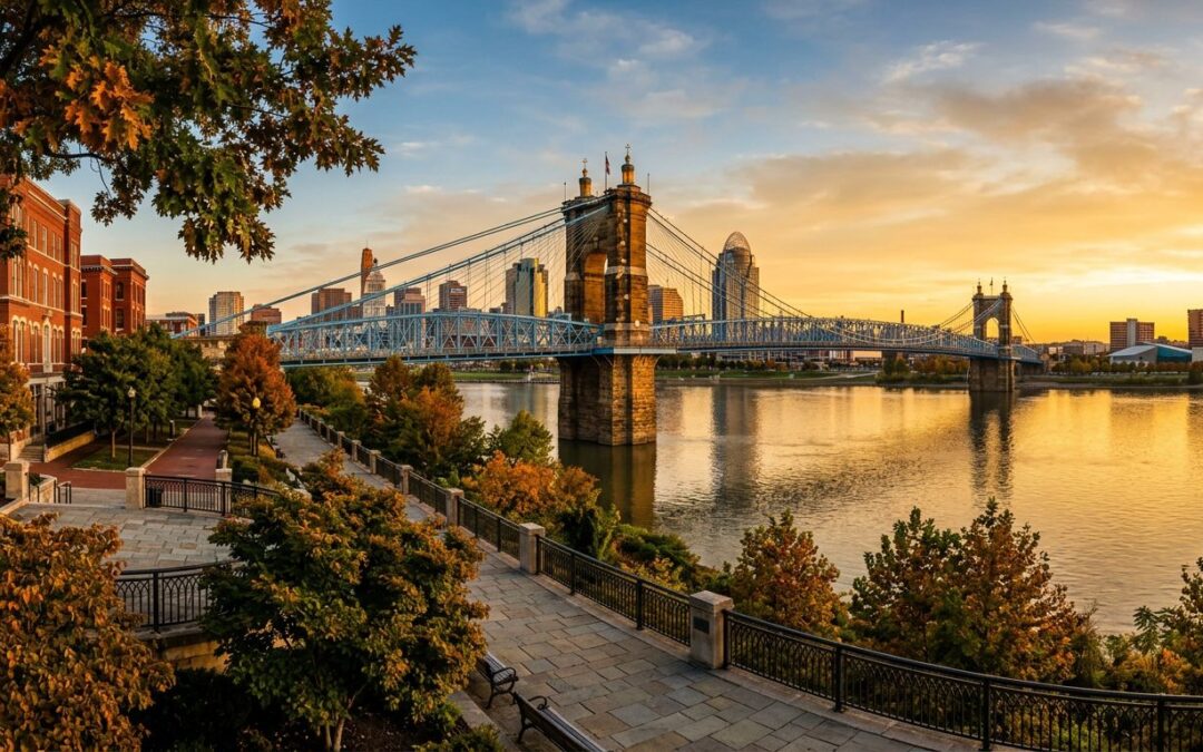 Roebling Suspension Bridge over the Ohio River at golden hour, framed by trees and brick buildings.