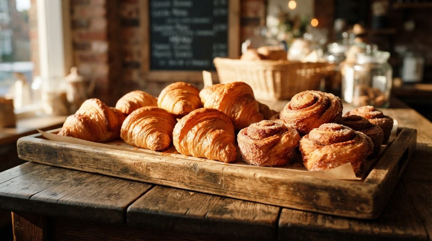 Golden croissants and morning buns fill a wooden tray in a warmly lit bakery.