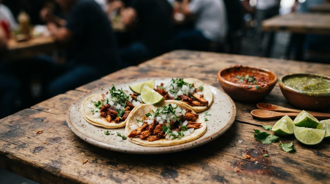Fresh tacos with lime, cilantro, and salsa bowls on a wooden table.