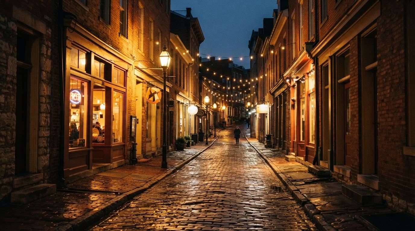 A warmly lit brick street with vintage shops, pizzeria storefronts, and one distant person.