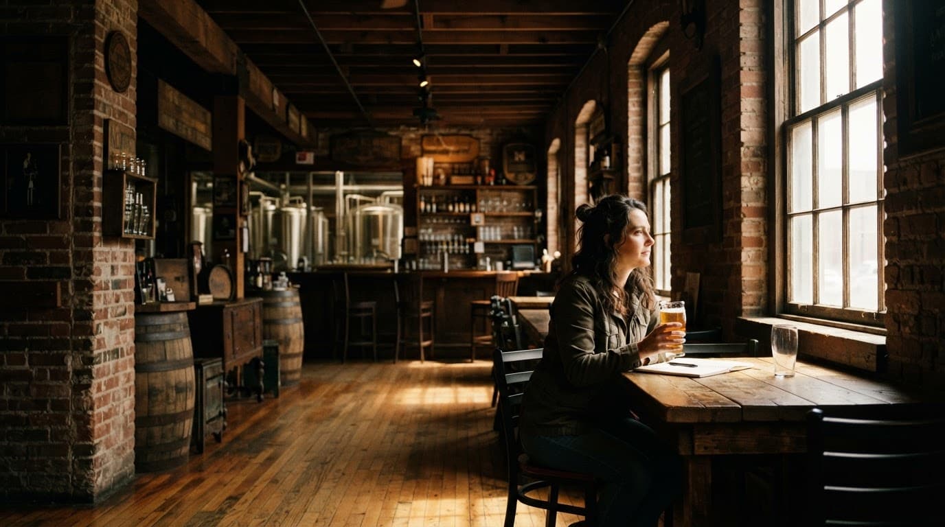 One person relaxes in a sunny brick brewery taproom with wooden tables and vintage decor.