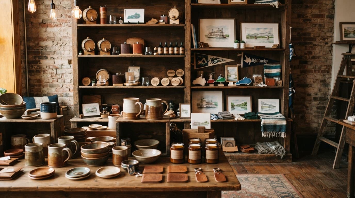 Warm boutique shelves hold pottery, candles, bourbon accessories, art, and small gifts.