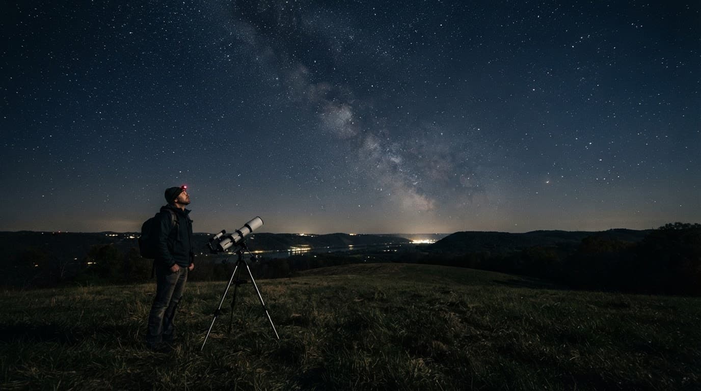 A stargazer beside a telescope under a star-filled sky.