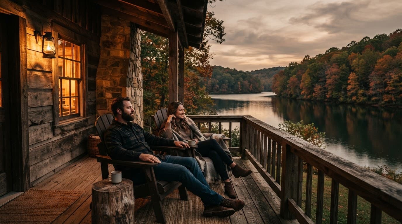 A couple relaxes on a cabin porch overlooking a calm lake and wooded autumn hills.