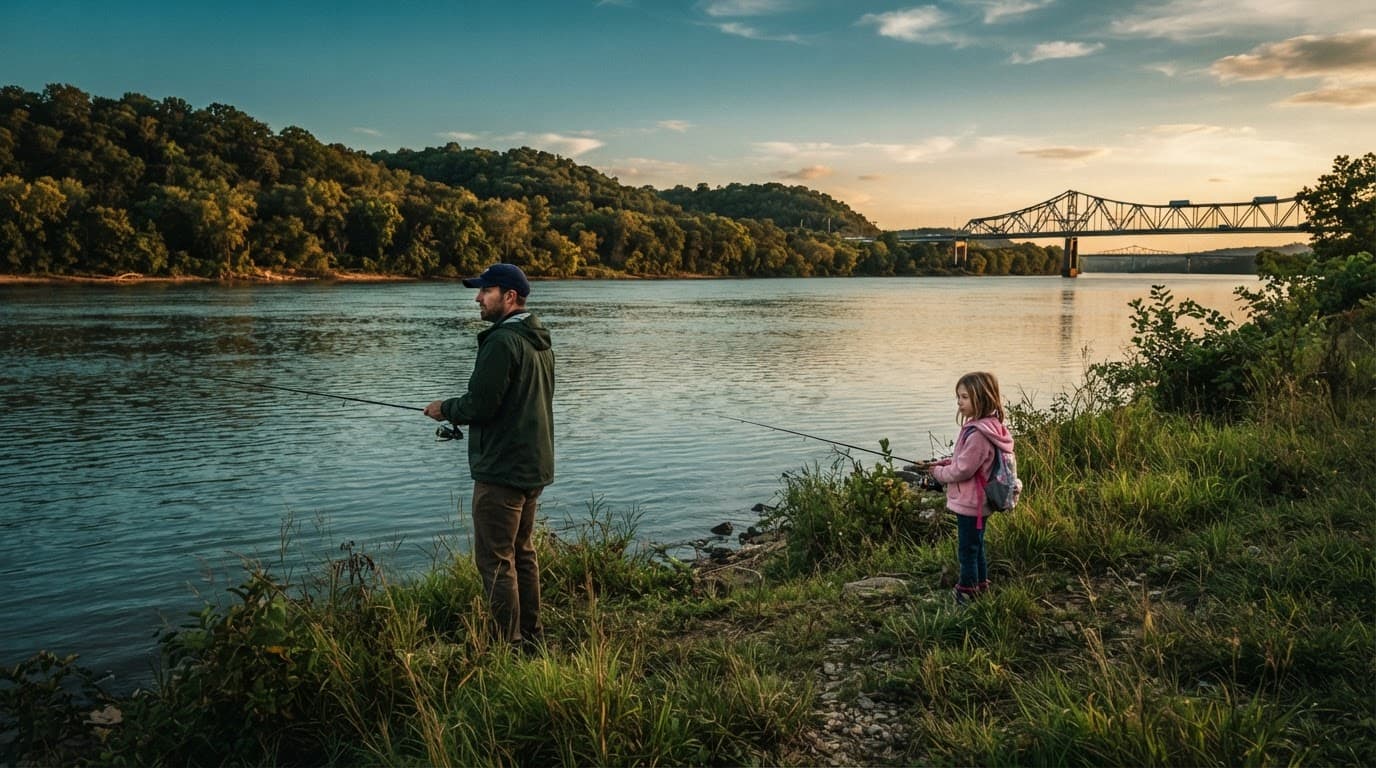 An adult and child fish from a grassy bank beside a calm river and distant bridge.