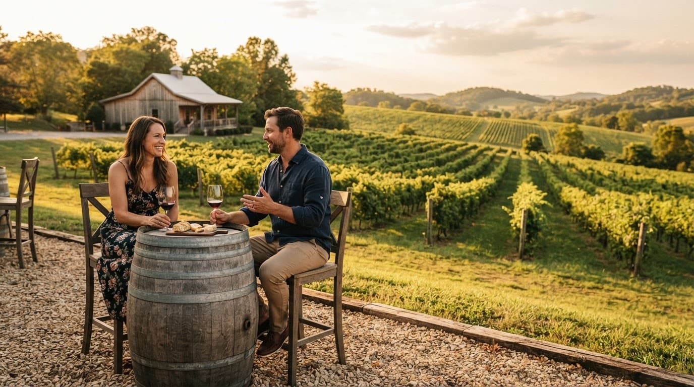 A couple enjoys wine at a rustic table overlooking a Kentucky vineyard.