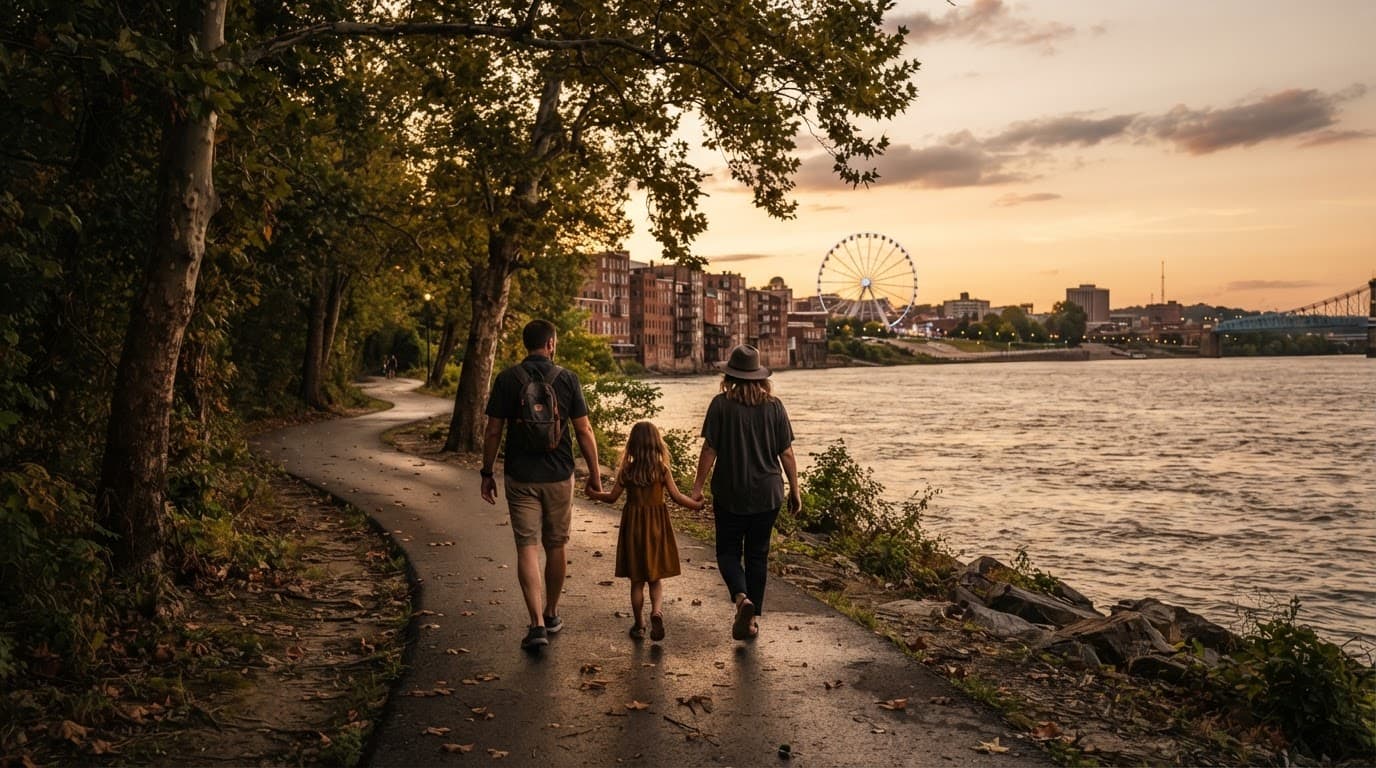 Three people walk along a wooded riverfront trail with a Ferris wheel in the distance.