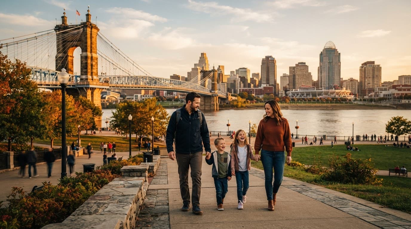 A family of four walks beside the Ohio River at sunset.