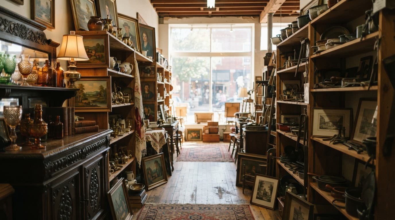 Antiques fill a warm shop aisle leading toward a sunlit storefront.